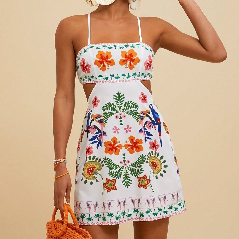 White Boho Women's Woven Printed Cutout Waist Spaghetti Strap Mini Dress